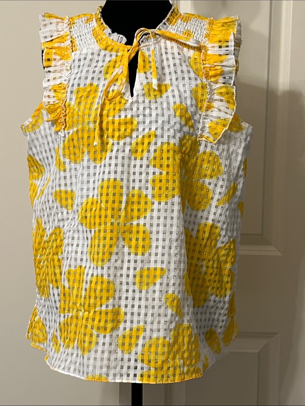 Cato Yellow Floral Ruffle Split Neck Sleeveless Blouse